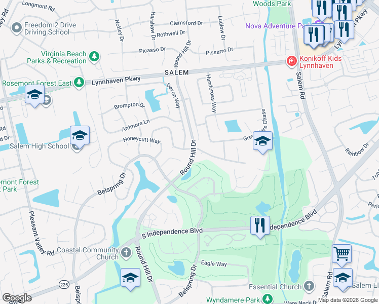 map of restaurants, bars, coffee shops, grocery stores, and more near 1800 Burwillow Drive in Virginia Beach
