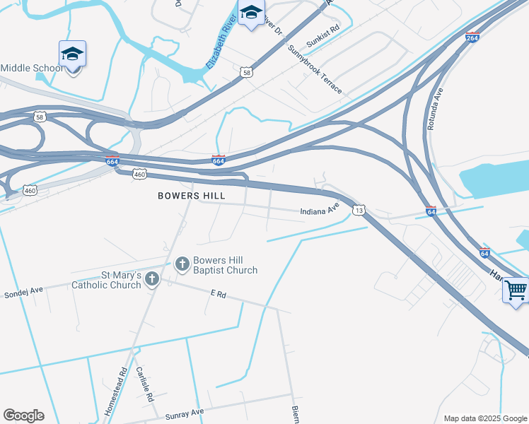 map of restaurants, bars, coffee shops, grocery stores, and more near 4601 Indiana Avenue in Chesapeake