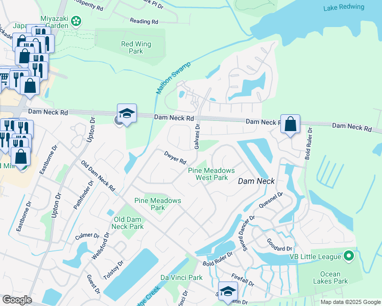 map of restaurants, bars, coffee shops, grocery stores, and more near 805 Levy Loop in Virginia Beach