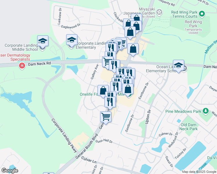 map of restaurants, bars, coffee shops, grocery stores, and more near 1592 Boles Place in Virginia Beach