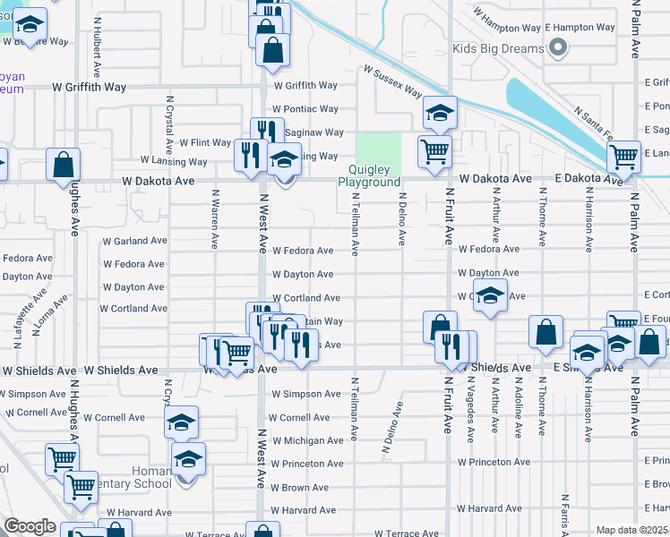 map of restaurants, bars, coffee shops, grocery stores, and more near 946 West Dayton Avenue in Fresno