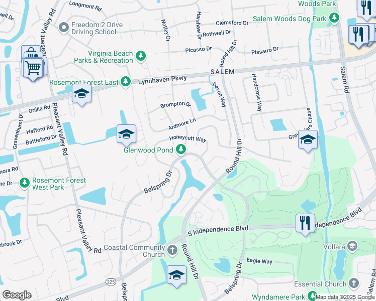 map of restaurants, bars, coffee shops, grocery stores, and more near 1896 Pepperell Drive in Virginia Beach