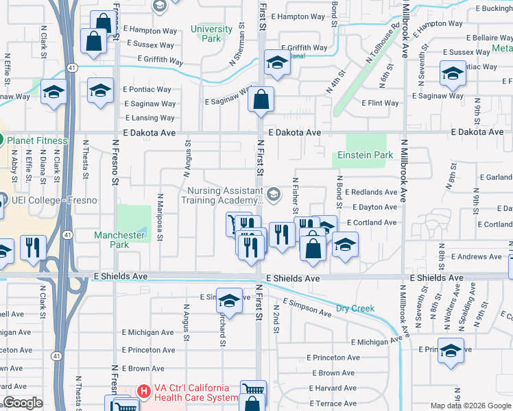 map of restaurants, bars, coffee shops, grocery stores, and more near 3000 East Dayton Avenue in Fresno