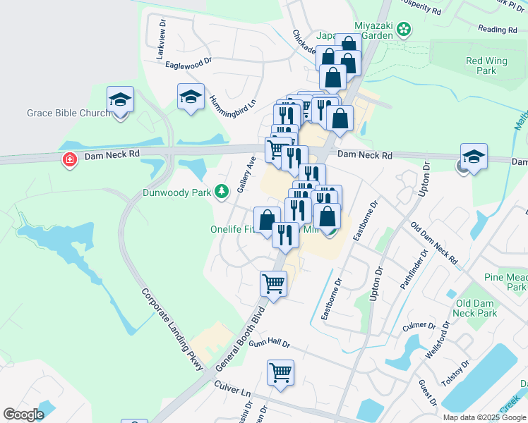 map of restaurants, bars, coffee shops, grocery stores, and more near 1124 Hubbell Drive in Virginia Beach