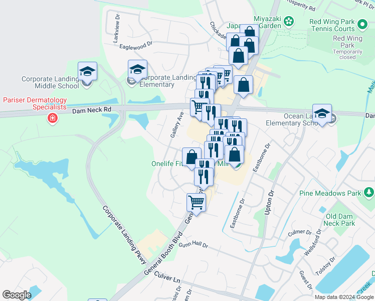 map of restaurants, bars, coffee shops, grocery stores, and more near 1128 Hubbell Drive in Virginia Beach