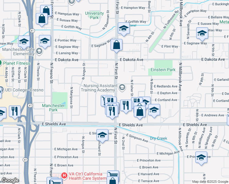 map of restaurants, bars, coffee shops, grocery stores, and more near 3636 North First Street in Fresno