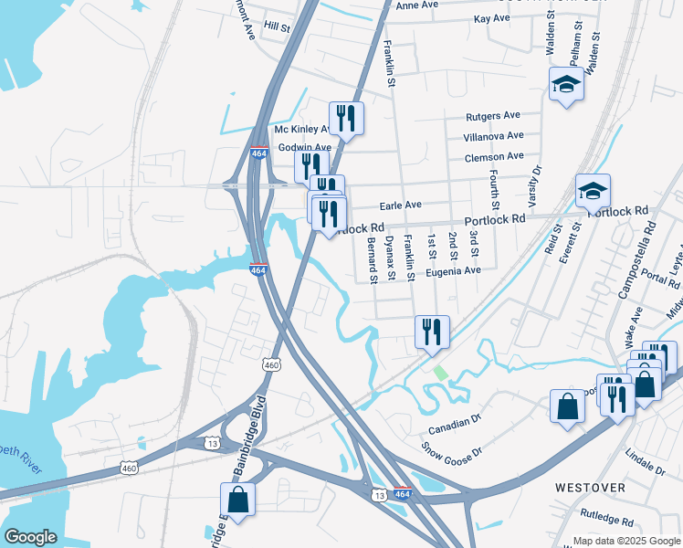 map of restaurants, bars, coffee shops, grocery stores, and more near 4114 Hamilton Street in Chesapeake