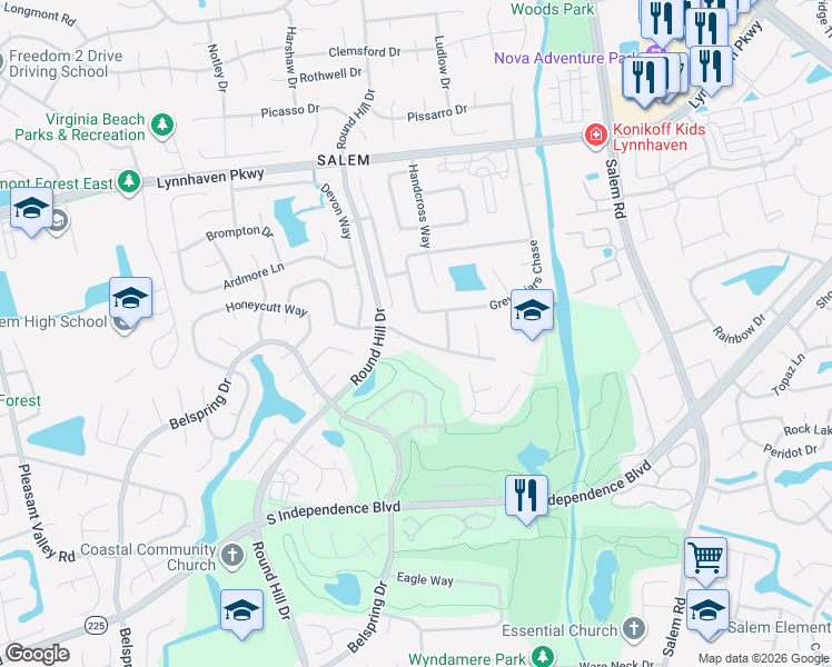 map of restaurants, bars, coffee shops, grocery stores, and more near 4440 Clevhamm Common Court in Virginia Beach
