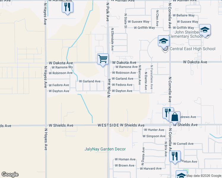 map of restaurants, bars, coffee shops, grocery stores, and more near 5480 West Dayton Avenue in Fresno