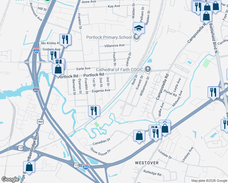 map of restaurants, bars, coffee shops, grocery stores, and more near 1616 Eugenia Avenue in Chesapeake