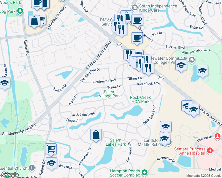 map of restaurants, bars, coffee shops, grocery stores, and more near 3877 Topaz Lane in Virginia Beach