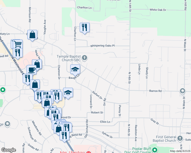 map of restaurants, bars, coffee shops, grocery stores, and more near 1706 Barron Road in Poplar Bluff