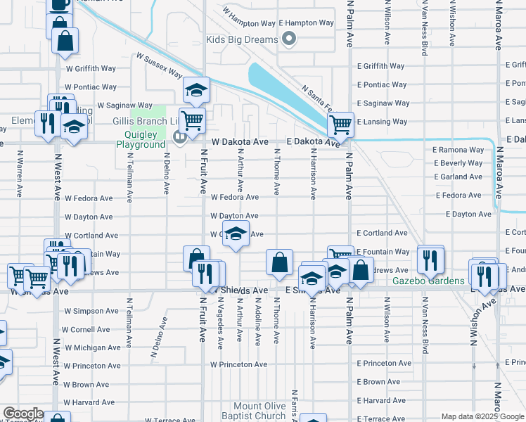 map of restaurants, bars, coffee shops, grocery stores, and more near 132 West Dayton Avenue in Fresno