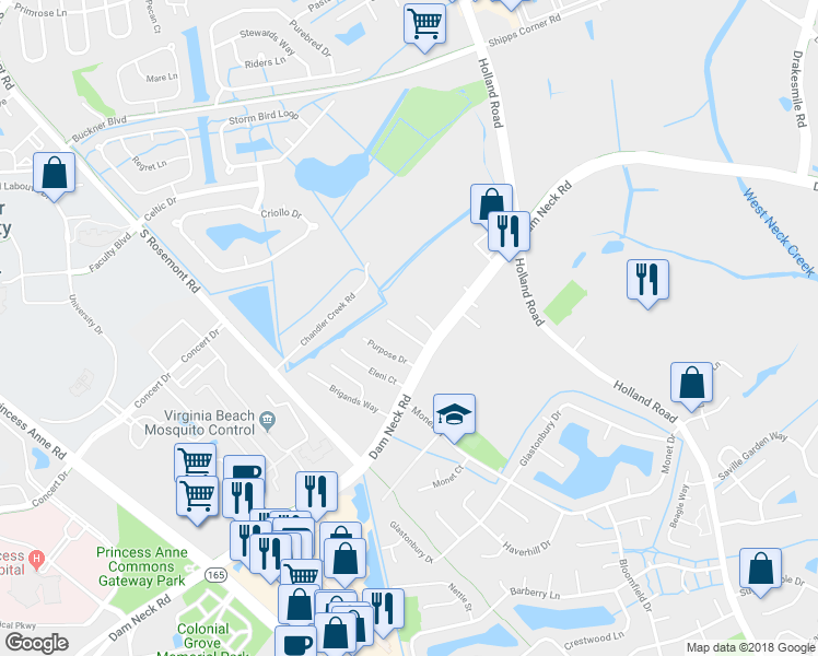 map of restaurants, bars, coffee shops, grocery stores, and more near 1728 Madison Crossing Lane in Virginia Beach