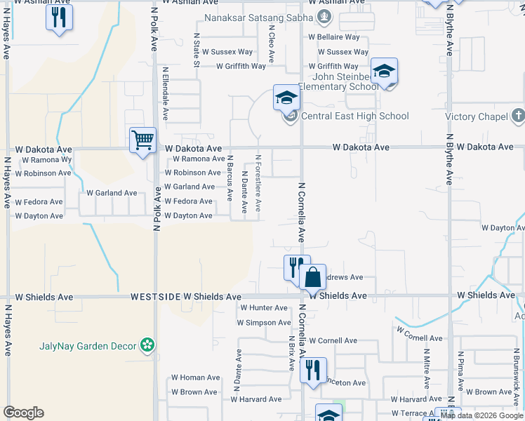 map of restaurants, bars, coffee shops, grocery stores, and more near 3272 North Forestiere Avenue in Fresno