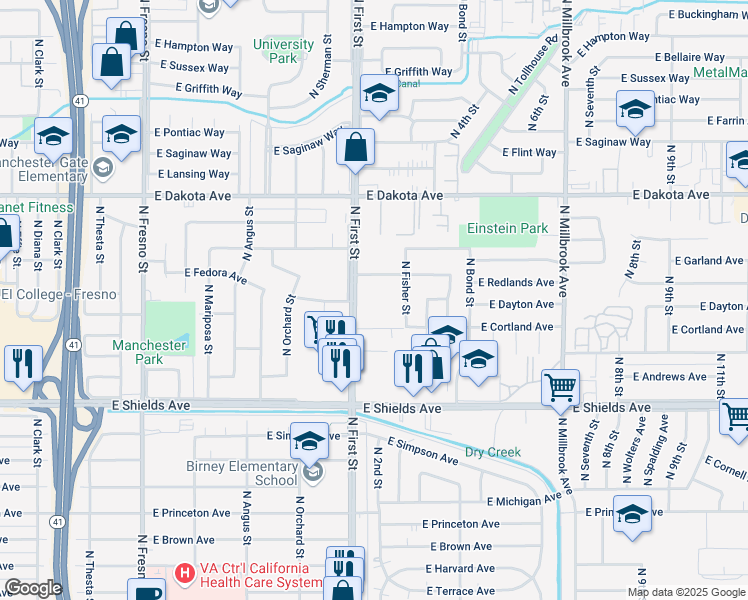 map of restaurants, bars, coffee shops, grocery stores, and more near 3636 North First Street in Fresno