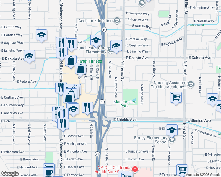 map of restaurants, bars, coffee shops, grocery stores, and more near 3630 North Valeria Street in Fresno