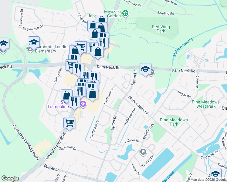 map of restaurants, bars, coffee shops, grocery stores, and more near 1720 Eastborne Drive in Virginia Beach