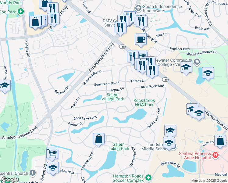 map of restaurants, bars, coffee shops, grocery stores, and more near 3877 Topaz Lane in Virginia Beach