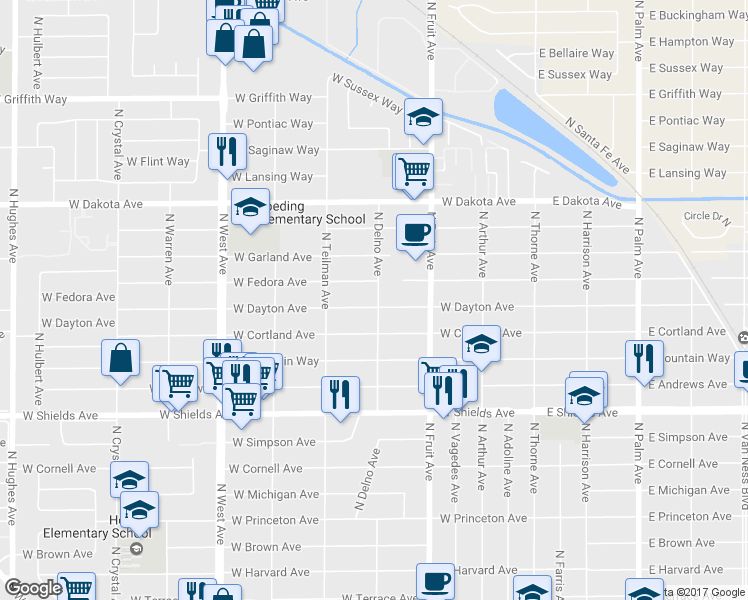 map of restaurants, bars, coffee shops, grocery stores, and more near 702 West Dayton Avenue in Fresno