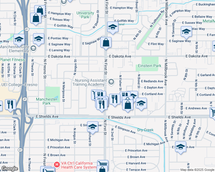 map of restaurants, bars, coffee shops, grocery stores, and more near 3636 North First Street in Fresno