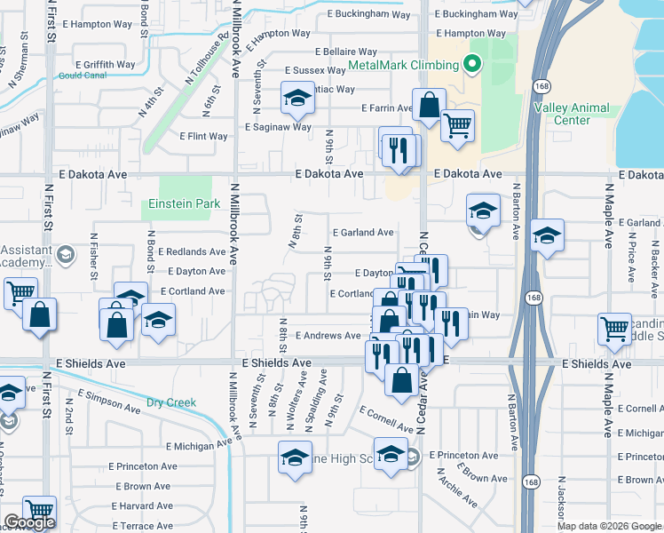 map of restaurants, bars, coffee shops, grocery stores, and more near 3907 East Dayton Avenue in Fresno