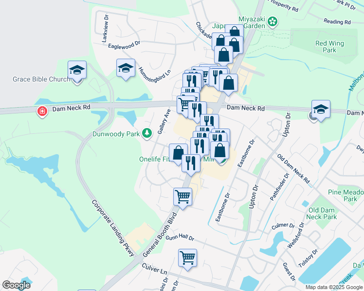 map of restaurants, bars, coffee shops, grocery stores, and more near 1589 Boles Place in Virginia Beach