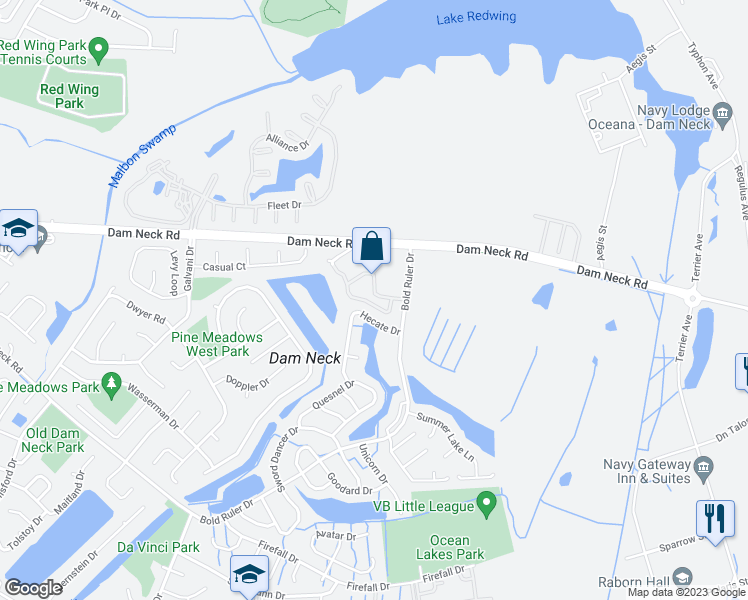 map of restaurants, bars, coffee shops, grocery stores, and more near 625 Ocean Lakes Drive in Virginia Beach