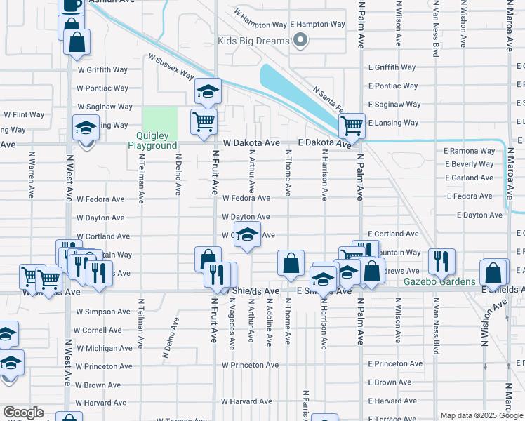 map of restaurants, bars, coffee shops, grocery stores, and more near 224 West Dayton Avenue in Fresno