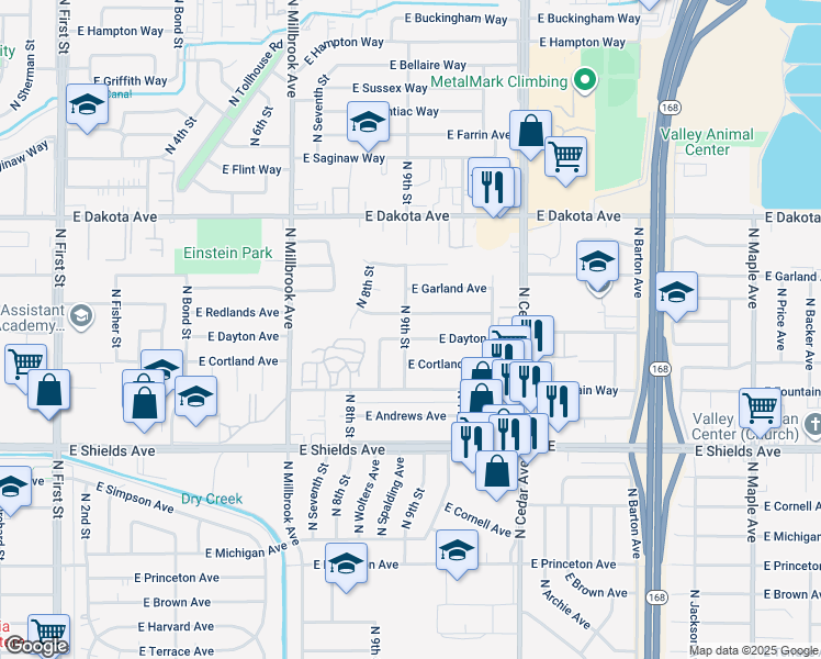 map of restaurants, bars, coffee shops, grocery stores, and more near 3907 East Dayton Avenue in Fresno