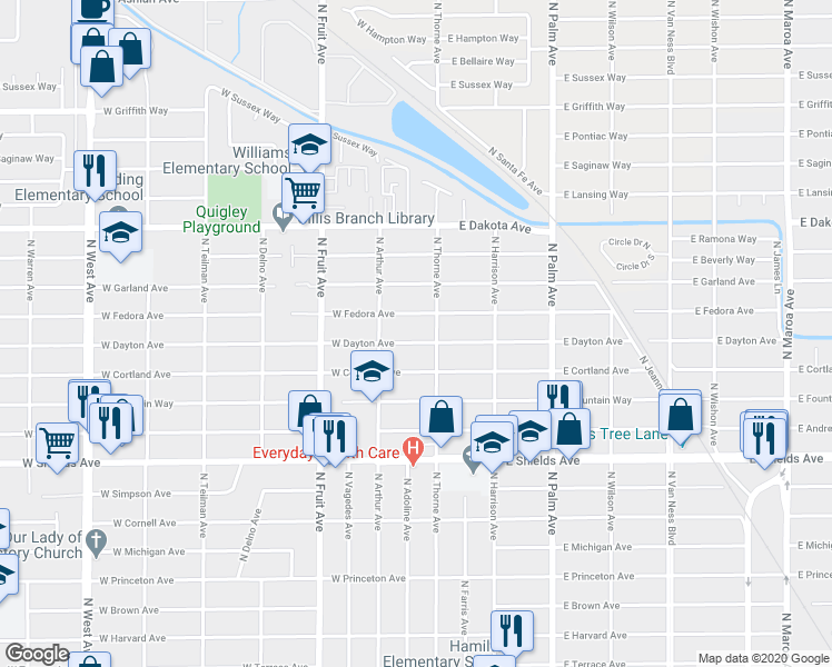 map of restaurants, bars, coffee shops, grocery stores, and more near 136 West Dayton Avenue in Fresno
