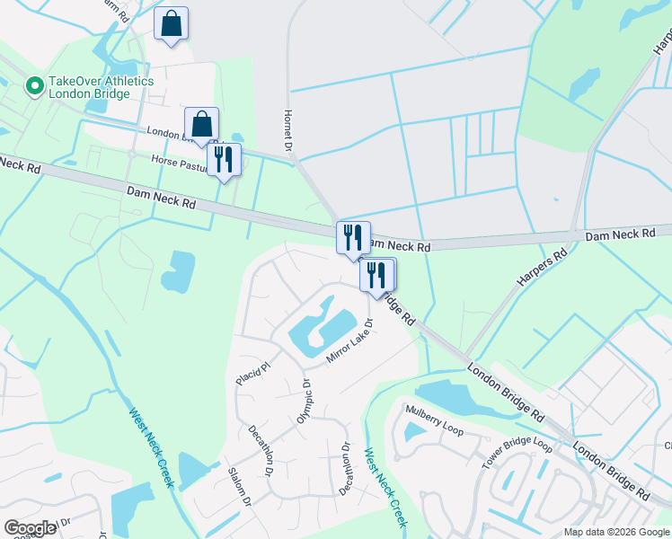 map of restaurants, bars, coffee shops, grocery stores, and more near 1705 Cormith Court in Virginia Beach