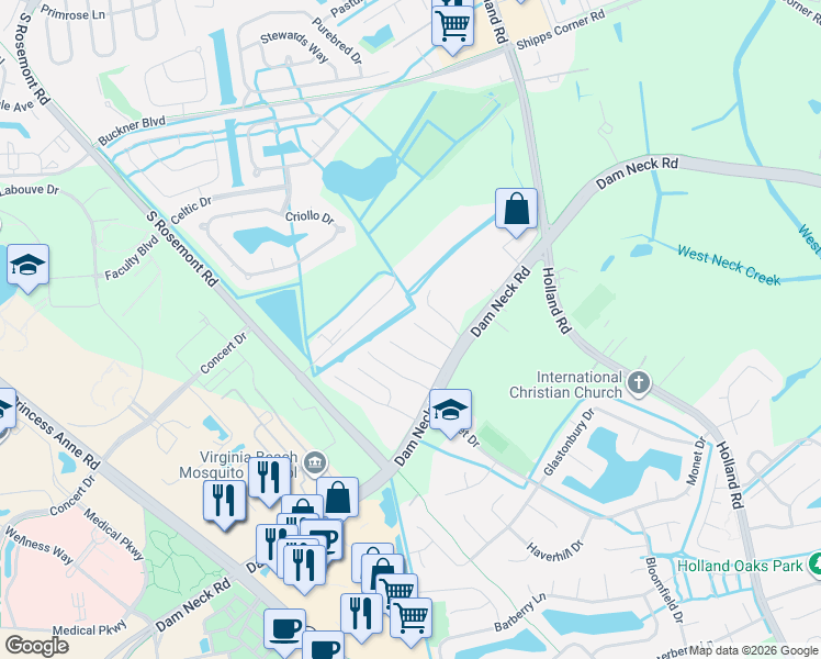 map of restaurants, bars, coffee shops, grocery stores, and more near 1728 Purpose Drive in Virginia Beach
