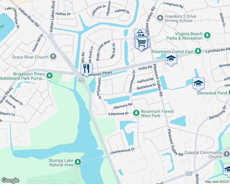 map of restaurants, bars, coffee shops, grocery stores, and more near 1493 Collingswood Trail in Virginia Beach