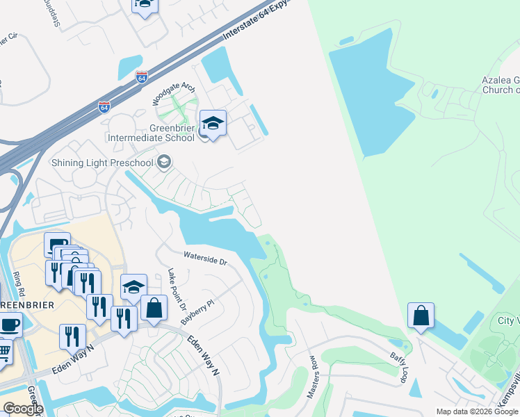 map of restaurants, bars, coffee shops, grocery stores, and more near 1901 Shepherds Gate in Chesapeake