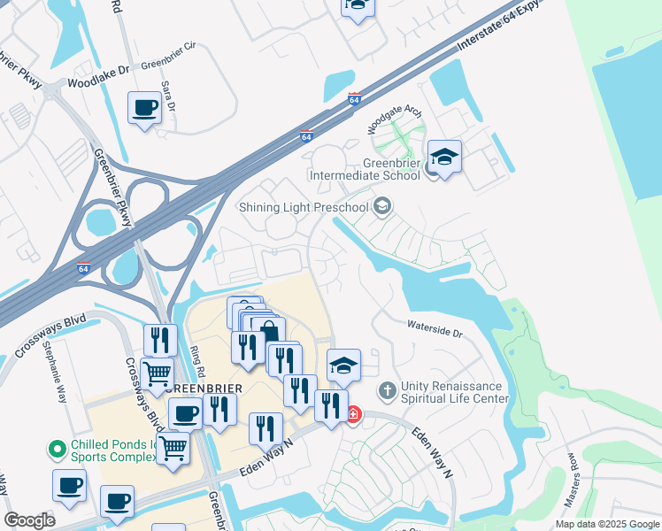 map of restaurants, bars, coffee shops, grocery stores, and more near 1705 Boulder Lane in Chesapeake