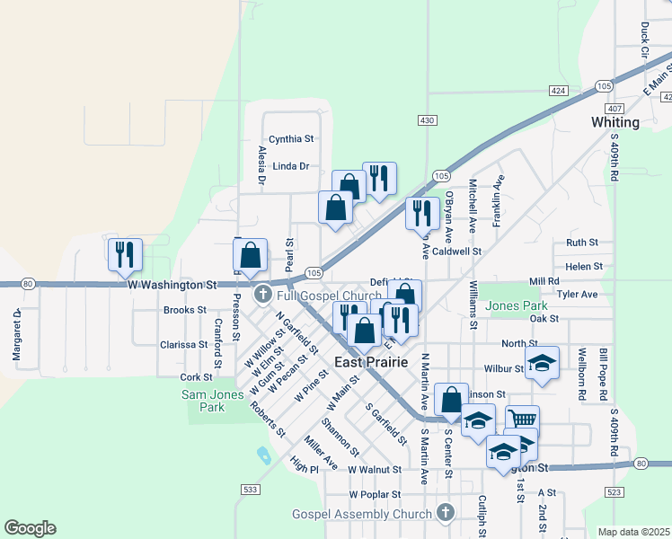 map of restaurants, bars, coffee shops, grocery stores, and more near 304 Defield Street in East Prairie