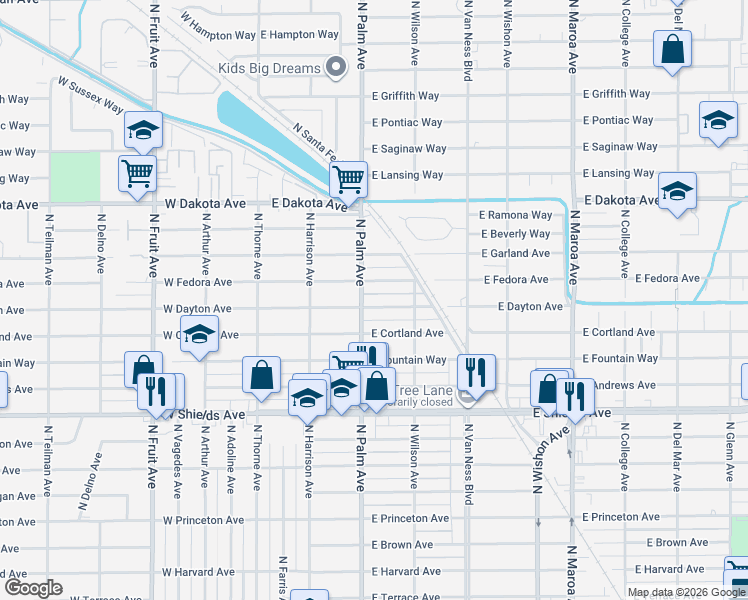 map of restaurants, bars, coffee shops, grocery stores, and more near 322 East Dayton Avenue in Fresno