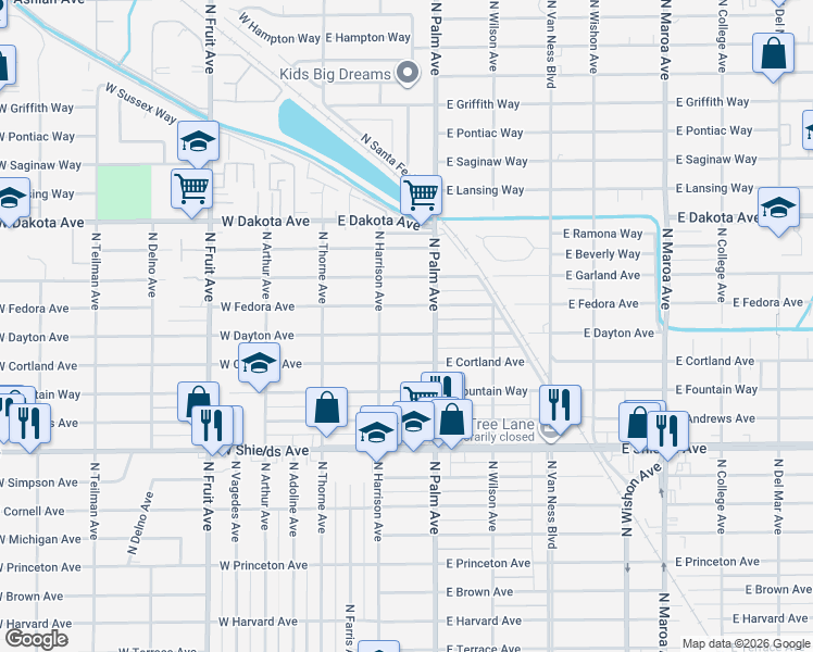 map of restaurants, bars, coffee shops, grocery stores, and more near 214 East Dayton Avenue in Fresno