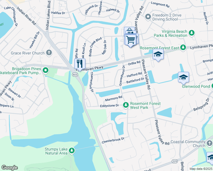 map of restaurants, bars, coffee shops, grocery stores, and more near 1493 Collingswood Trail in Virginia Beach