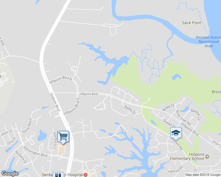 map of restaurants, bars, coffee shops, grocery stores, and more near 1703 Gunston Drive in Suffolk