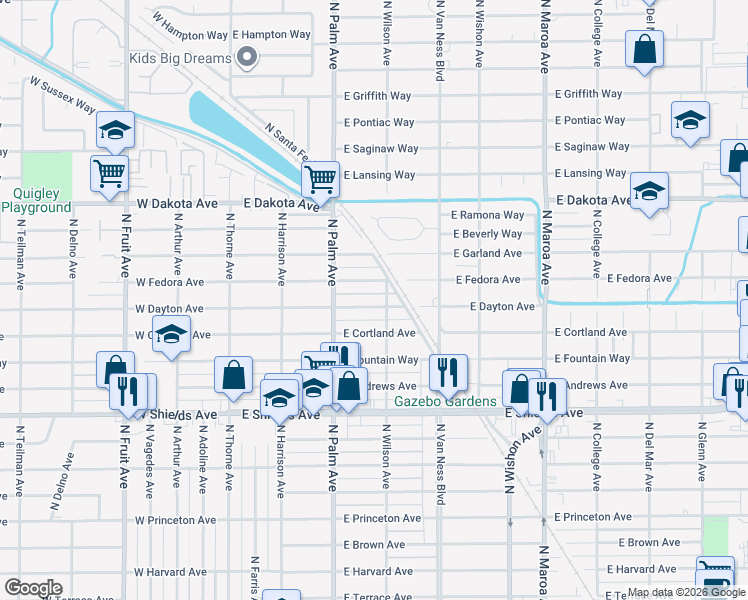 map of restaurants, bars, coffee shops, grocery stores, and more near 452 East Dayton Avenue in Fresno
