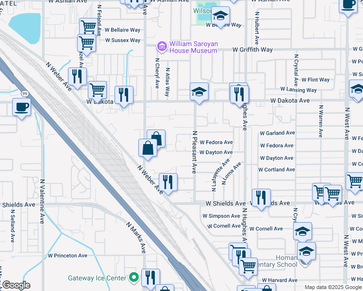 map of restaurants, bars, coffee shops, grocery stores, and more near 3645 North Pleasant Avenue in Fresno
