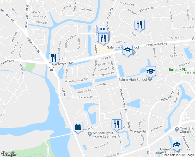 map of restaurants, bars, coffee shops, grocery stores, and more near 1383 Battleford Drive in Virginia Beach