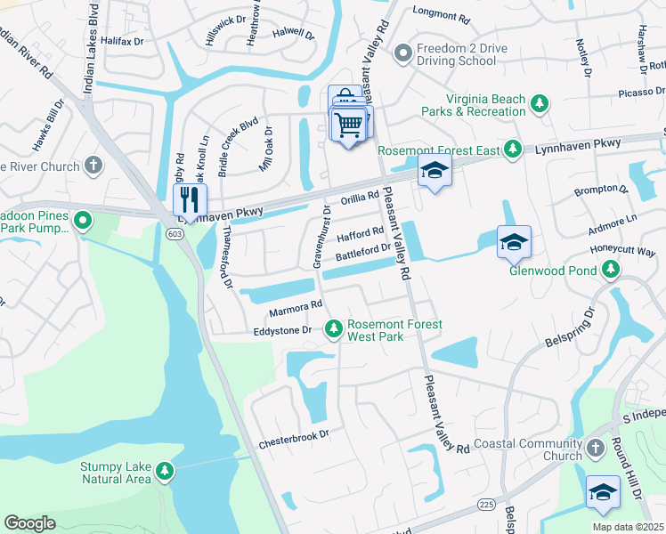 map of restaurants, bars, coffee shops, grocery stores, and more near 1383 Battleford Drive in Virginia Beach