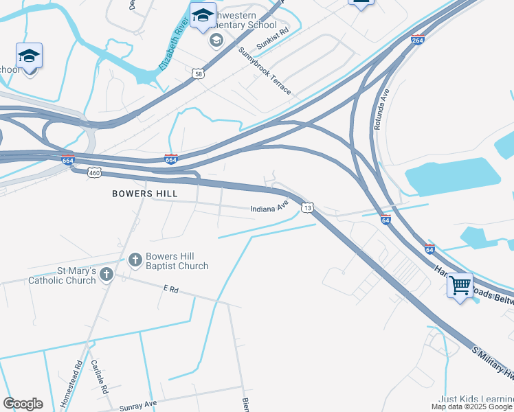 map of restaurants, bars, coffee shops, grocery stores, and more near 4524 Indiana Avenue in Chesapeake