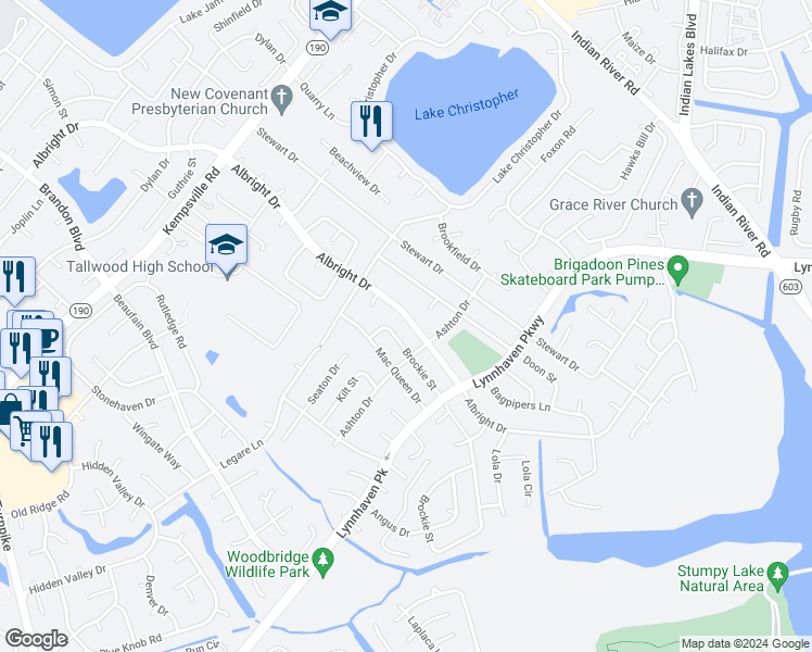 map of restaurants, bars, coffee shops, grocery stores, and more near 5441 Albright Drive in Virginia Beach