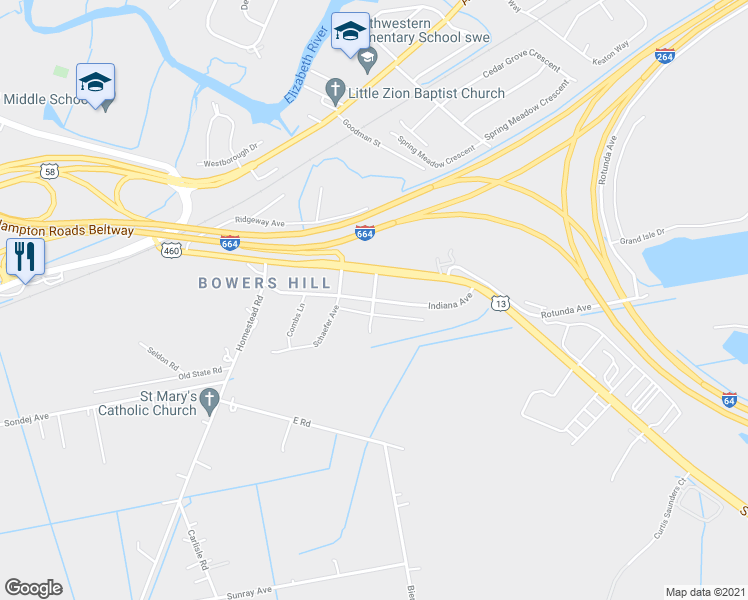 map of restaurants, bars, coffee shops, grocery stores, and more near 513 Raeside Avenue in Chesapeake