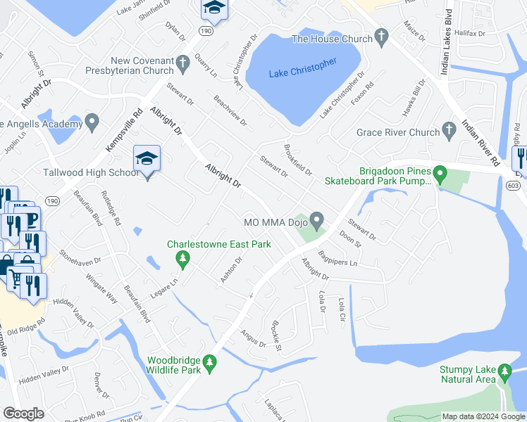 map of restaurants, bars, coffee shops, grocery stores, and more near 5441 Albright Drive in Virginia Beach
