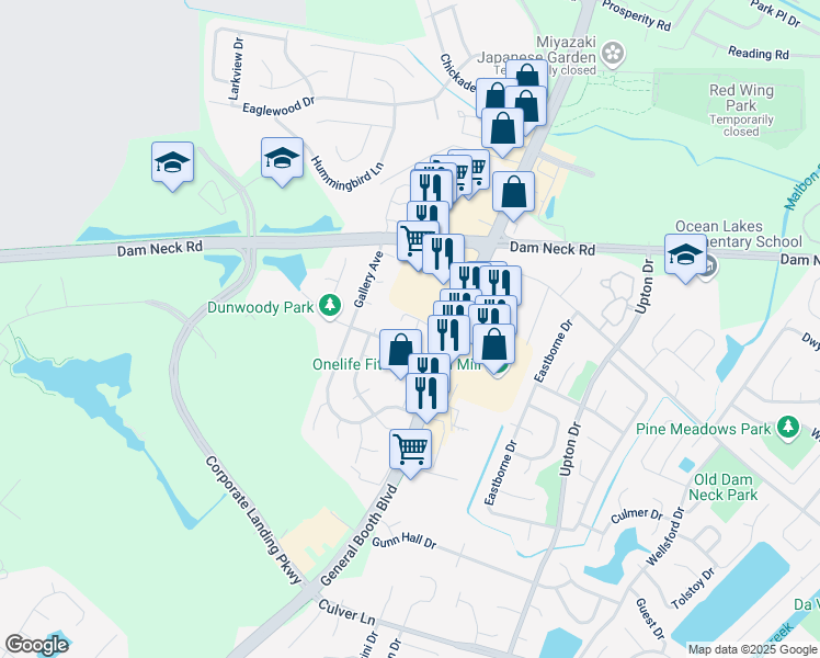 map of restaurants, bars, coffee shops, grocery stores, and more near 1585 Boles Place in Virginia Beach